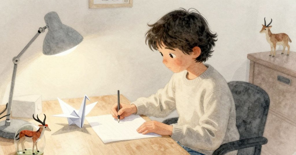 Shea靜觀桌上重置的抽屜和整齊紙鶴，房間寧靜神秘，故事在溫暖光線中達到和解結局