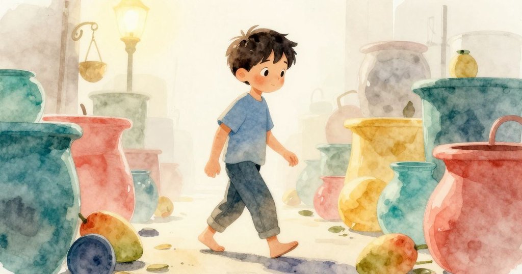 Callum站在晨霧中，背景亮著溫暖燈光的後台，他輕鬆又專注，開始了神秘而溫馨的劇場準備。