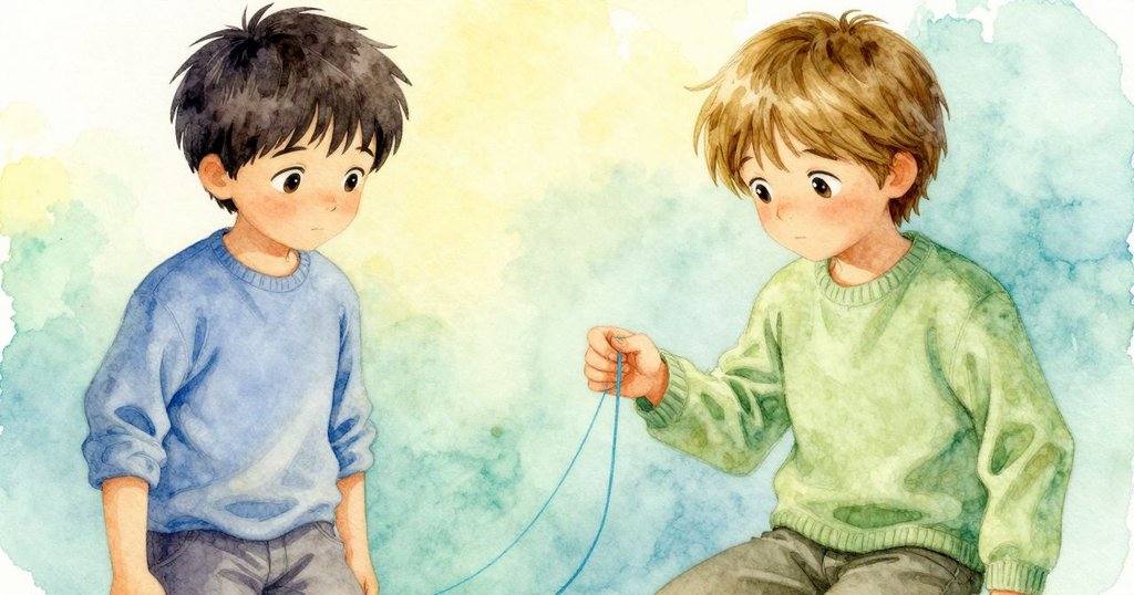 Callum仔細觀察從屏幕上飄落的藍色線條，手中觸摸著柔和燈光中的亮麗色彩，充滿好奇與期待。