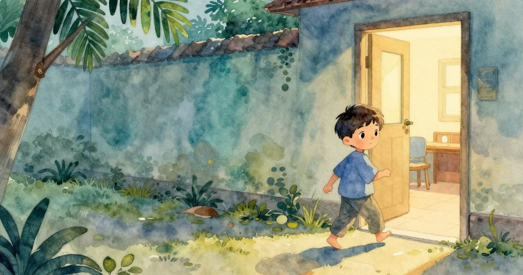 Callum從劇場後門走入外院，夜色與溫暖燈光交織，展現轉換場景的神秘與期待。