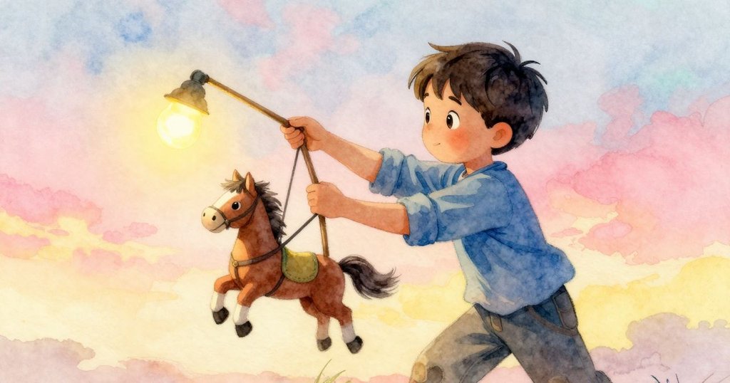 Callum忙碌地調整木頭桿和馬偶，動作迅速而果斷，背景溫暖燈光映襯出他的緊張與專注。