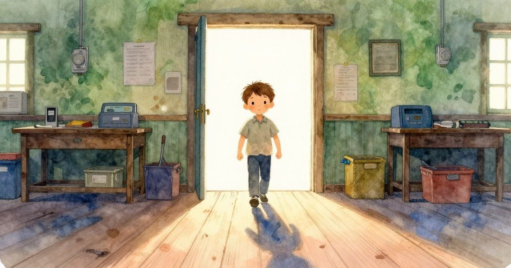 歐文走進修理店,濕鞋帶踩在木地板上,背光下呈現清晰輪廓,充滿專注與期待的情緒