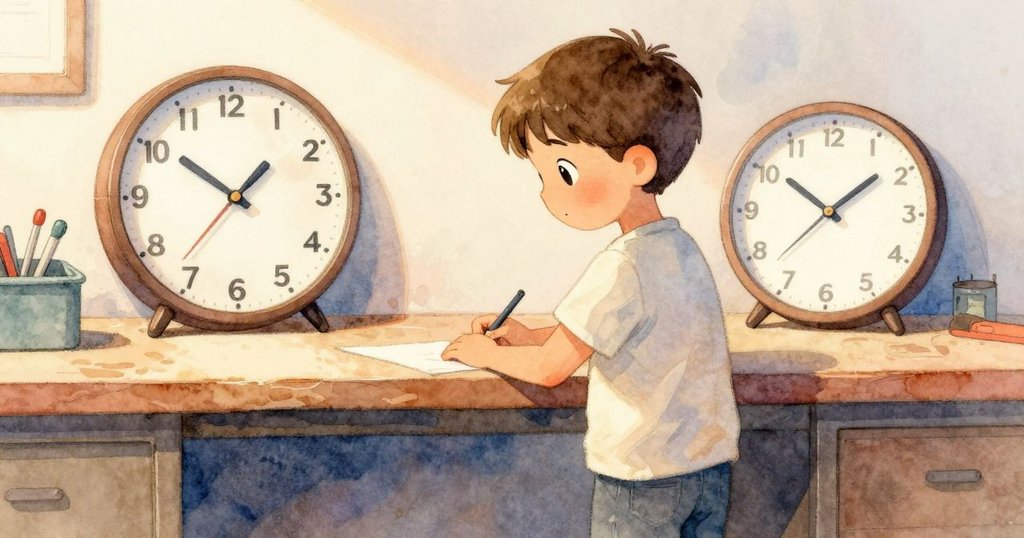 在工作台上,兩個時鐘並排擺放,一快一慢,溫暖光線下透出微妙的節奏對比,呈現工坊氛圍