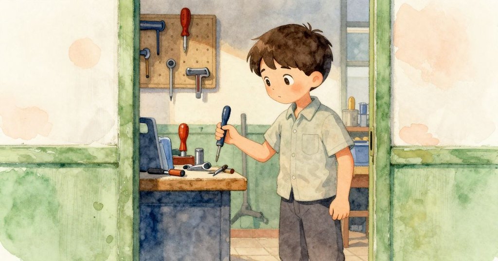 工坊內工具板上缺少螺絲刀輪廓,旁有散落工具與花香布片,歐文正凝思細察,環境充滿微妙變化