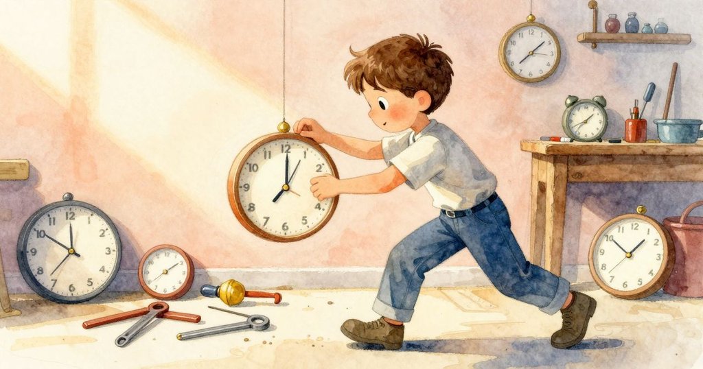 歐文忙碌整理時鐘和工具,動作流暢,工坊內重回秩序,環境透出急切和決心情緒