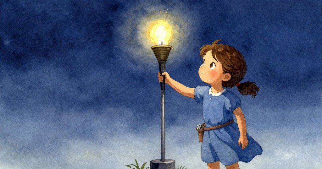 凱雅在黃昏戶外氣象站調整火炬，周圍儀器與小屋靜謐呈現行動前的寧靜與期待