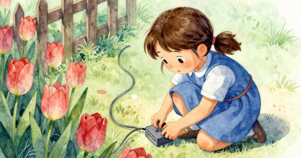 凱雅從高處俯視下蹲於柵欄旁，小心調整感應線，旁邊鬱金香搖曳展現柔和而精確的動作