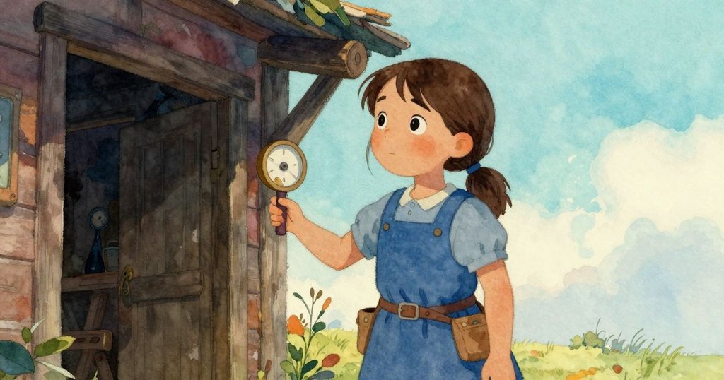 凱雅站於微開屋門旁，背景中天氣儀器在淡暮光中展現柔和秋意，環境靜謐充滿沉思