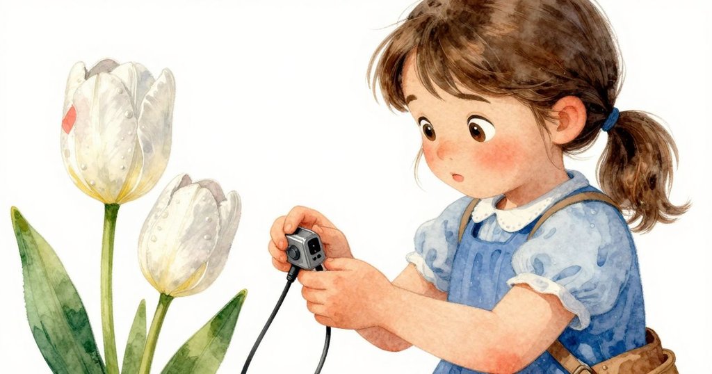 凱雅的手特寫輕輕推動感應線，背景中鬱金香靜靜映襯出她細膩而穩健的操作瞬間