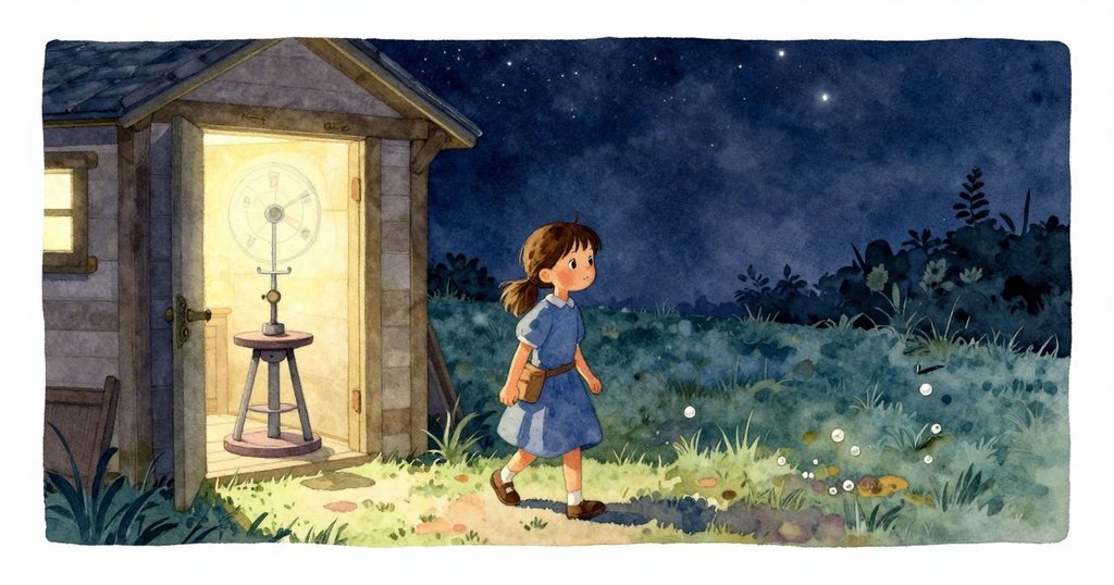 凱雅在星光下漸入夜幕的氣象站旁逐步後退，微開的屋門和閉合鬱金香展現出最終的平和與解脫