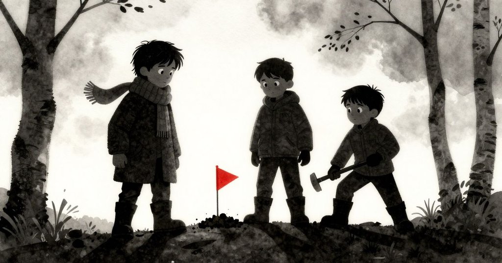 烏爾薩注視赫克托在花崗岩邊插紅旗，剪影中展現樺樹背景與晨曦，充滿期待與神秘感。