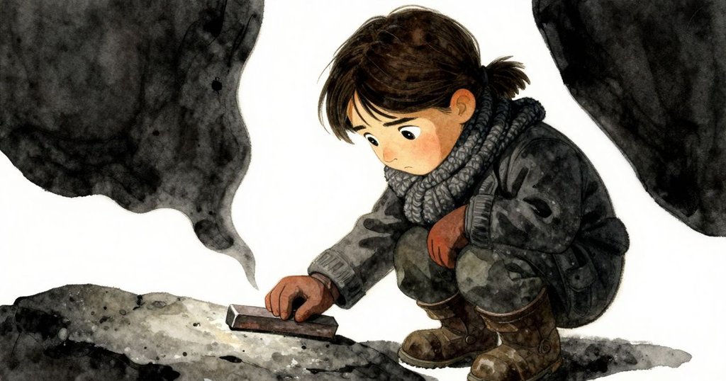 烏爾薩的手在岩石上輕握暮色石刀，細膩光影下展現專注與堅定，感受冬季寧靜氛圍。