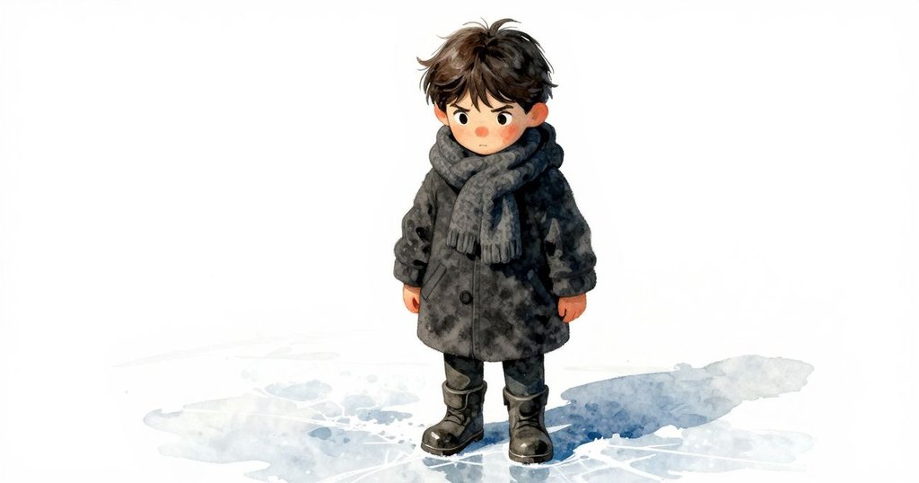 從烏爾薩視角看見靴子踏入結冰湖面，晨光照耀下冰裂痕細膩呈現，充滿探索與平靜感。