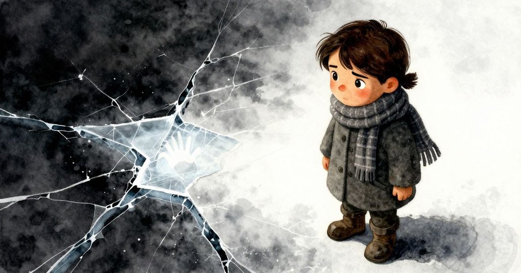 烏爾薩蹲於結冰湖面，用手指輕觸如閃電般分叉的冰裂，透明光斑與薄霧營造神秘氛圍。