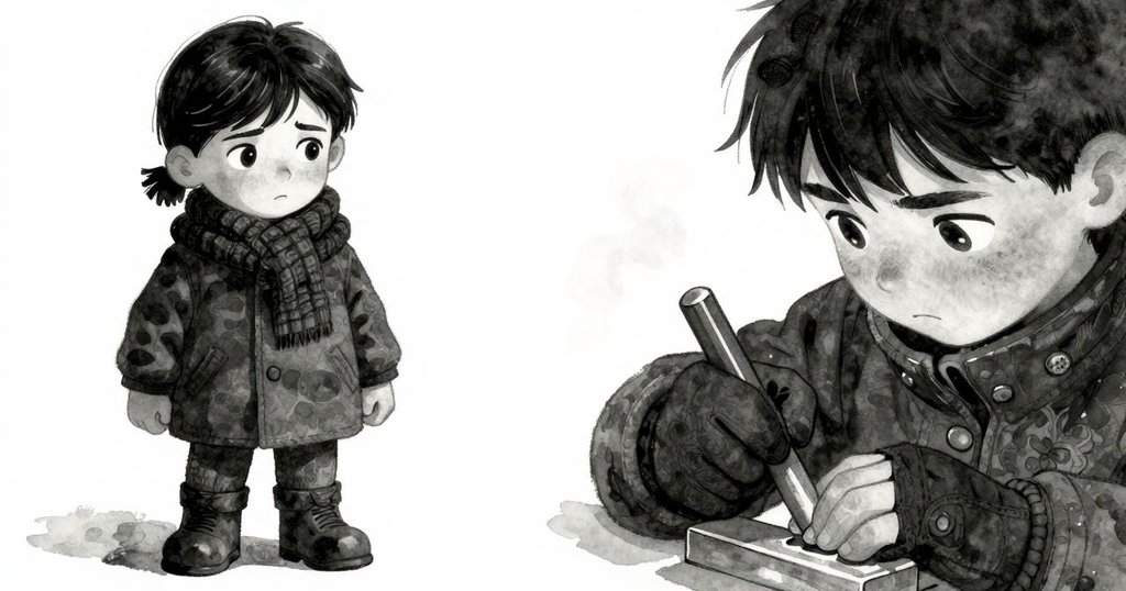 烏爾薩面露沉思，手懸石刀於冰面上，背景隱約見到赫克托遠呼，冰面迴響著微妙回聲。