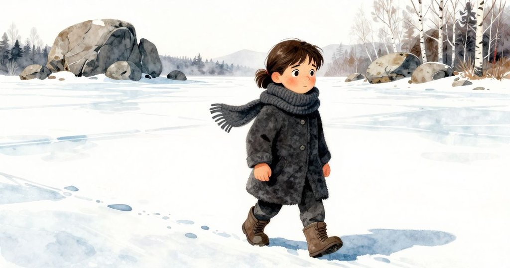 烏爾薩踏上廣闊冰湖，腳步留痕於冰面，遠處石塊與樺樹相伴，氣氛靜謐中暗示續篇。