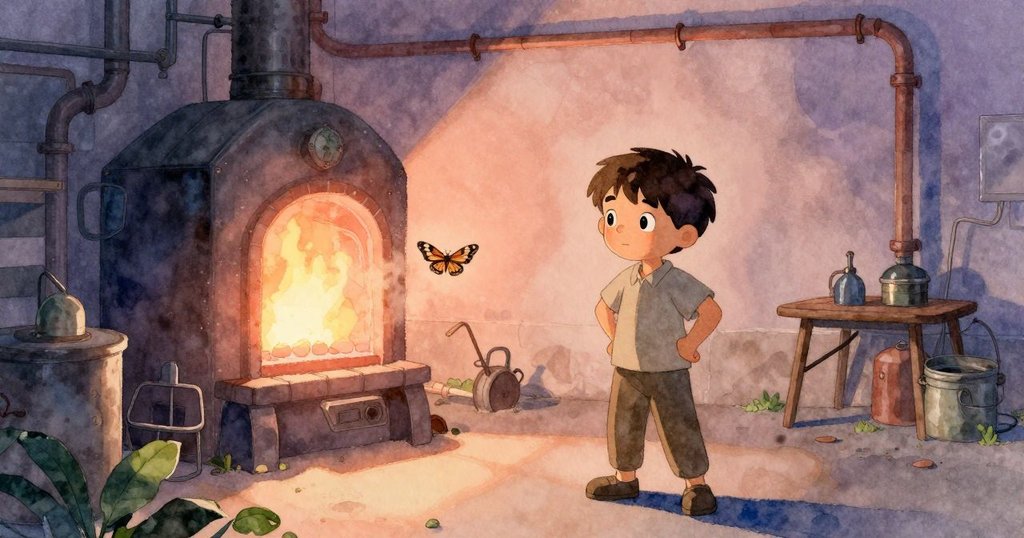 工坊內，工匠正旋轉工具，近旁蠹翼飛舞，燈光明暗對比明顯，現場氣氛專注而充滿活力