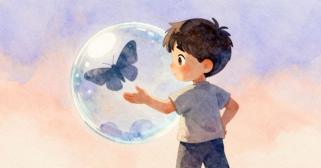 透過光滑玻璃球看見暫現的蠹翼影像，背景融入熔爐的溫暖光暈，室內外景色交融