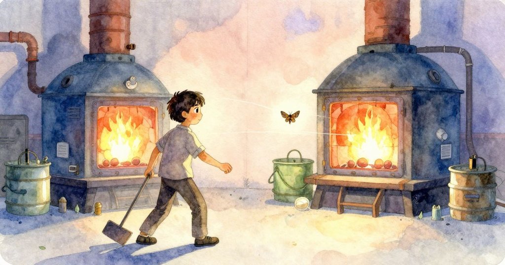 工匠穩定放下工具，退後觀看熄冷爐旁蠹翼優雅盤旋，象徵工業與自然間微妙平衡，氛圍寧靜