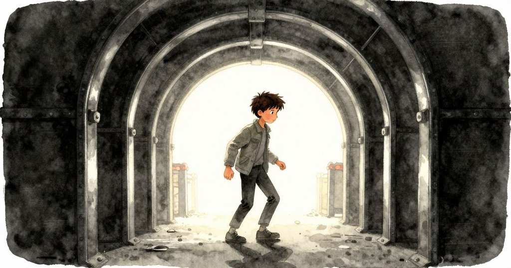 拉金在金屬拱門下堅定邁步, 從熱鬧遊樂場退向神秘入口, 光影交錯, 氣氛轉折的冒險開始