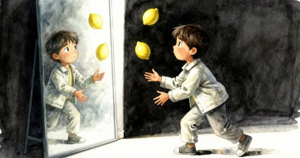 拉金在鏡面走廊中玩弄檸檬糖果, 手中糖果閃爍著冷凝光澤, 鏡面上留有手印, 氣氛充滿神秘與動感