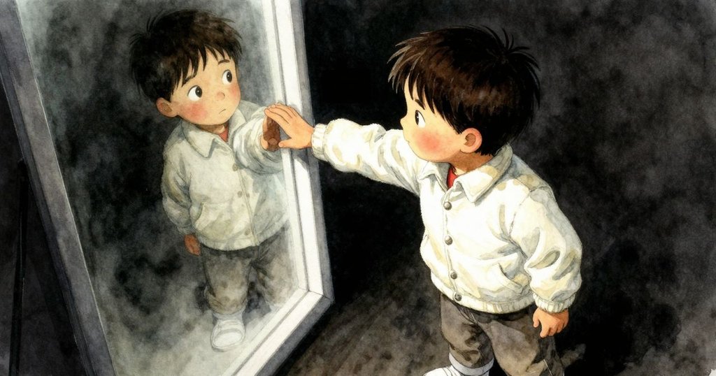 拉金從高處俯視鏡面, 略帶猶豫地伸手觸摸帶有手印的開放玻璃, 彰顯內心矛盾與探索之情