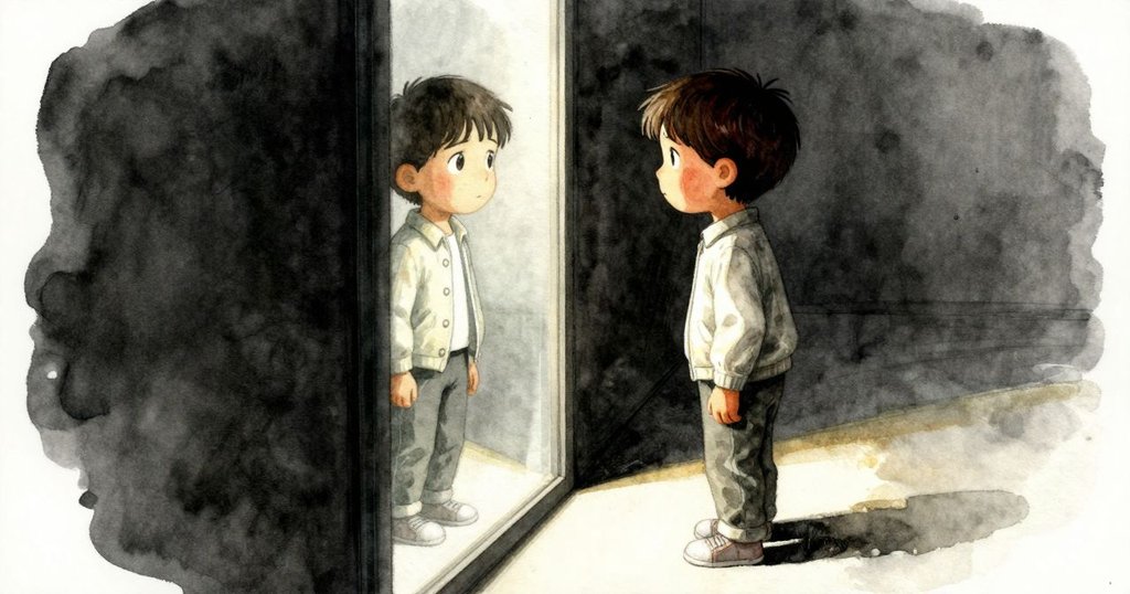 拉金在鏡中驚見幽影, 一邊的真實身影停步不前, 另一邊虛幻身影緩步前行, 氣氛詭異而引人入勝