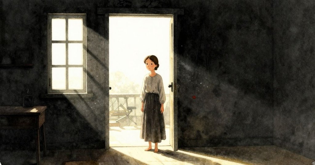 Zelma站在織布房門口,陽光透過高窗灑下塵埃,她好奇注視房內光影流動,展現故事開端情境