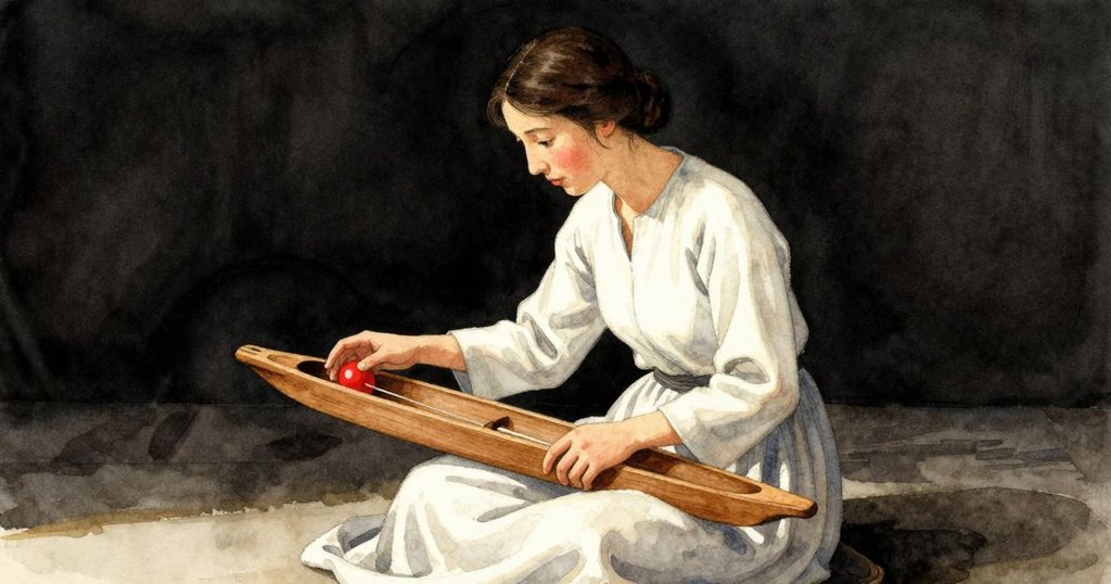 Zelma半蹲手持織布梭子,仔細檢視缺失玄武石砝碼處,她神情關切,室內光線溫暖且細節豐富