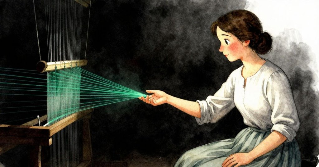 織布機上閃爍綠線與暗處缺口,Zelma伸手觸碰缺失之處,視角扭曲呈現光影對比,細節生動
