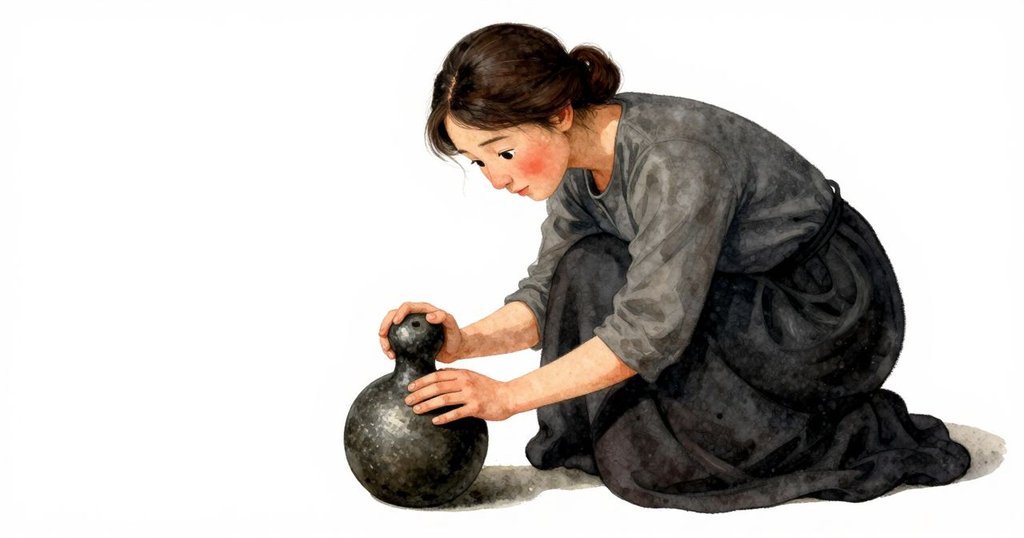 Zelma蹲下驚喜且堅定地發現側放玄武石砝碼,雙手輕撫石面細節,光線聚焦突顯情感與動作