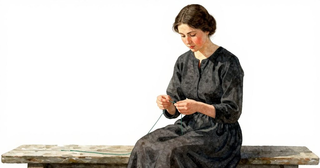 Zelma坐在工作台上溫柔撫平綠線,光線漸暗,塵埃慢慢飄散,她的神情平靜而堅定,結束一天忙碌