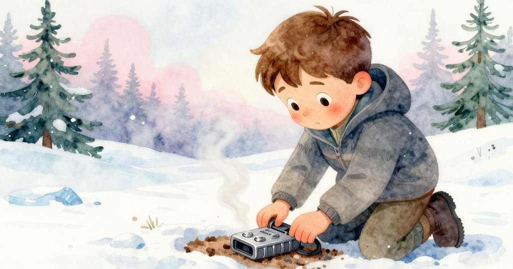 哈里斯跪在木板道上，仔細察看缺少數據紀錄儀處，手觸冷凝水珠，表現出驚訝與沉思。