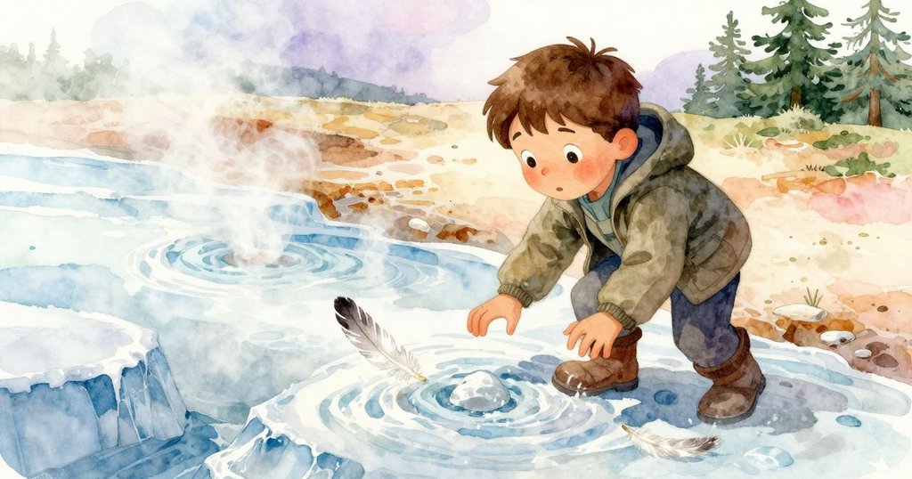 哈里斯環繞礦物溝槽探查，手指輕觸結構，隨風飄動的小羽毛帶來詩意篇章。