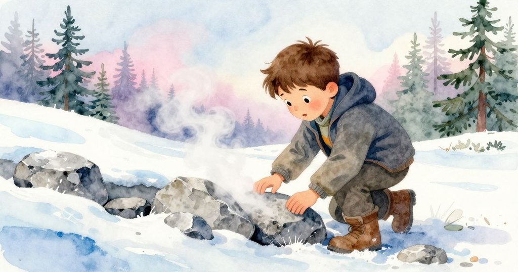 哈里斯停下探索，望向被蒸氣散開的岩石溝槽，微風掠過呈現出柔和午後光影。