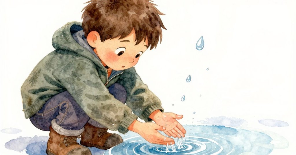 哈里斯站在水邊，溫暖水珠在指尖流轉，臉上滿是決定與沉思，近距離展現情感。