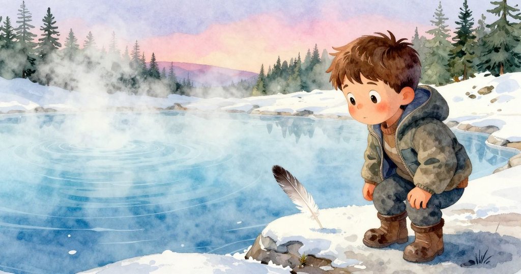 哈里斯於廣闊溫泉邊遠眺飛舞的羽毛，身形渺小卻充滿故事，畫面留白意味著新開始。