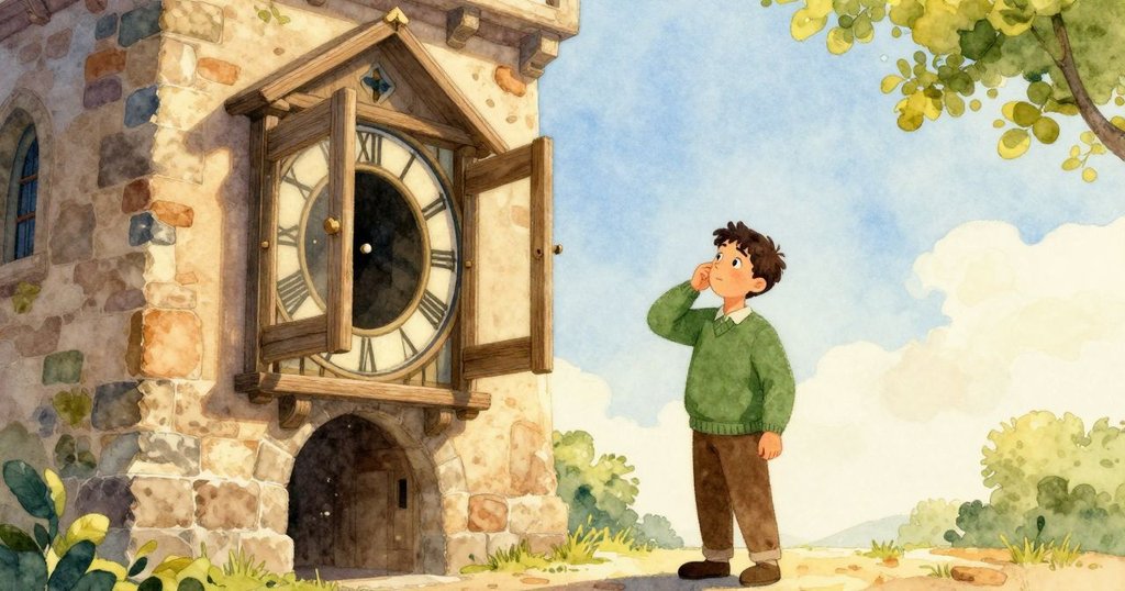 男孩走入古老鐘樓內部，背後關閉橡木門，陽光與塵埃交織，展現內心沉思與懷舊情懷