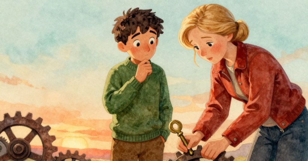 男孩的雙手細緻觸碰古銹黃銅鑰匙，陽光直射下展現金屬質感與齒輪細節，充滿專注與溫暖