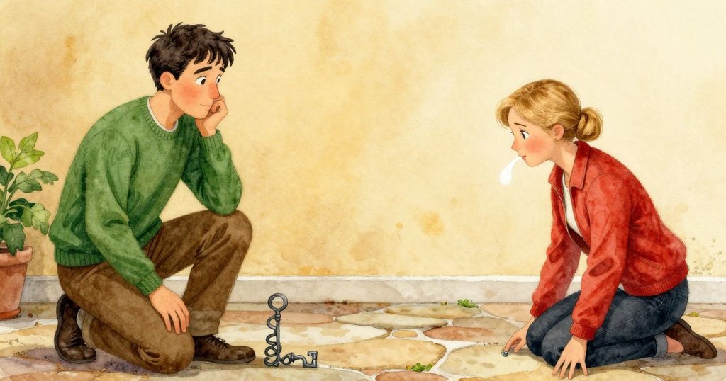 女孩跪在粗糙石地上操作鑰匙，男孩遠處輕嘗金屬氣息，雙畫面並列呈現堅定與專注情緒