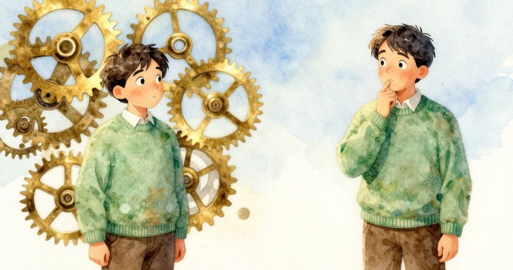 鐘樓內部split畫面，一邊展現精密銅製齒輪與擺動鐘擺，一邊映出男孩沉思面容，懷舊與現實交錯