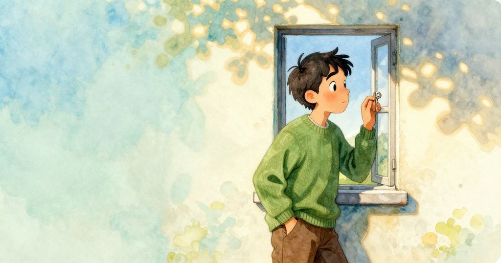 男孩立於窄窗邊，手中鑰匙輕放於手指間，窗邊布滿鴿子穀粒，光影交錯中蕴含抉擇