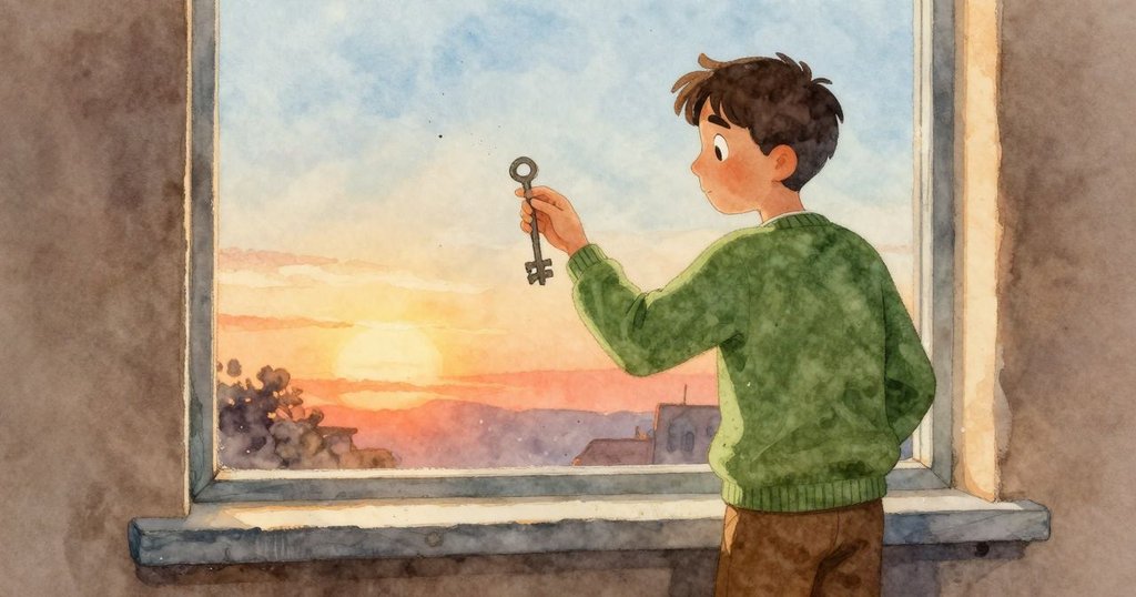 男孩在鐘樓窗邊輕放鑰匙，塵埃隨光線舞動，鐘擺輕響暗示故事未完待續，散發溫暖寧靜氣氛
