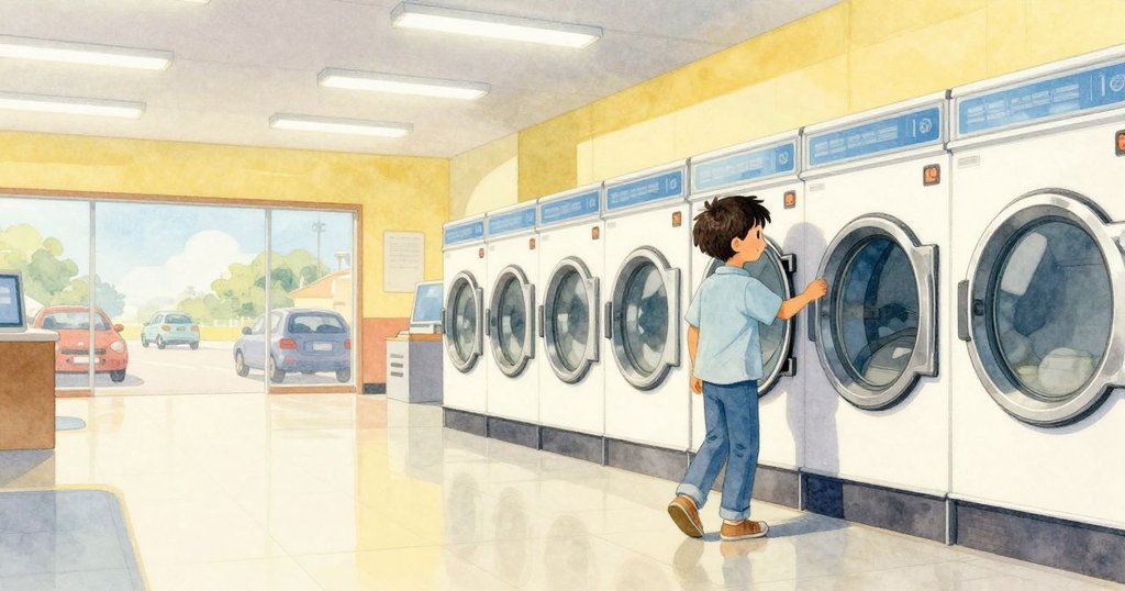 Trent走進明亮洗衣店，手持硬幣準備開始洗衣，背景窗外模糊車流營造溫暖早晨氛圍