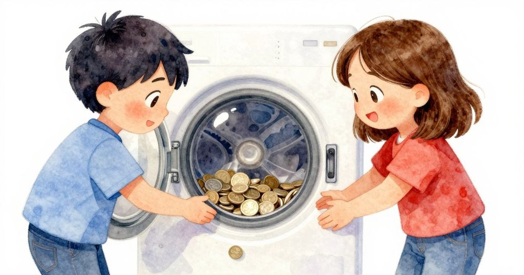 Trent投入硬幣於洗衣機投幣口，近距離捕捉硬幣閃光和機內細節，展現開始洗衣儀式