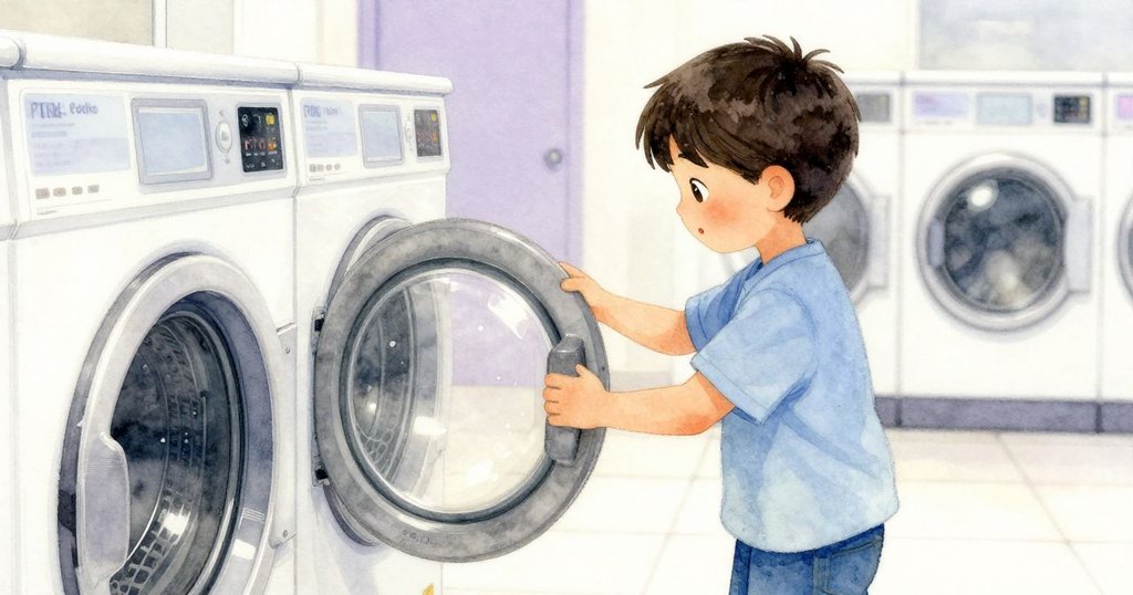 Trent從自己的視角觀察第六號洗衣機不穩定轉動，表情流露疑惑，細緻呈現水滴與光影變化