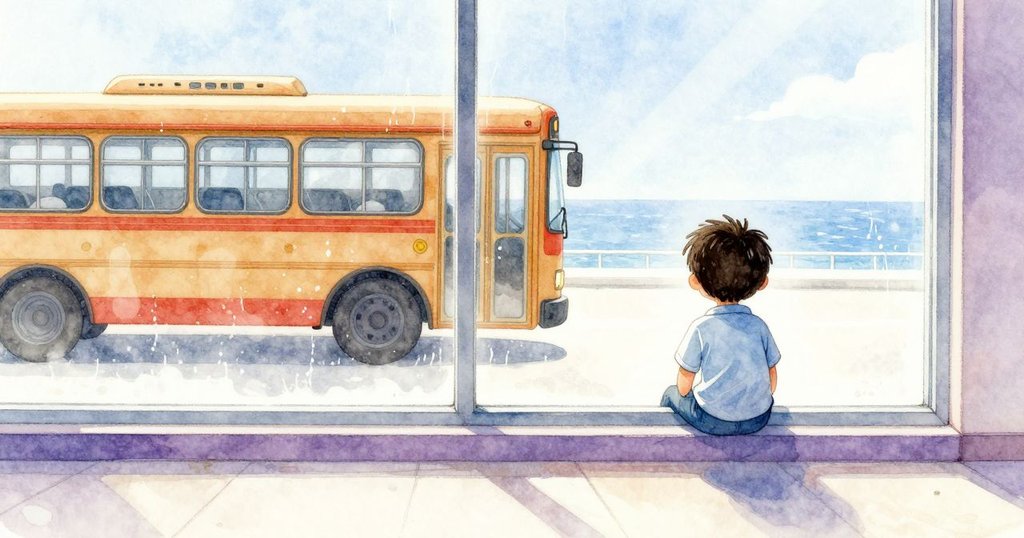 Trent坐在洗衣店窗邊塑膠椅上，濕鞋相伴，靜靜觀察窗上凝露與裂縫，外面曖昧巴士流過，神情沉思