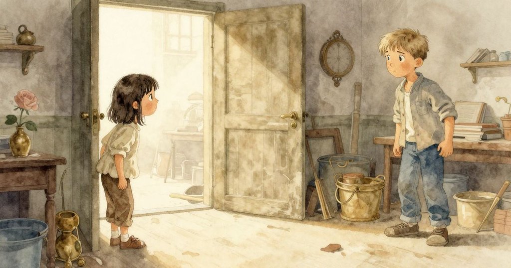 維塔站在門口觀看，喬納斯在工作台前磨琥珀，工作坊內晨霧中散發溫暖燈光，神情專注。