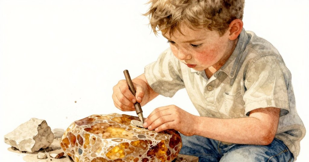 喬納斯專心磨琥珀，手部特寫呈現樹脂質感與隱匿輪廓，燈光柔和照亮工作台的細節。