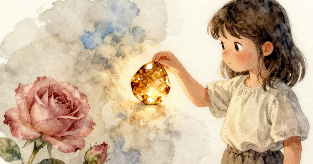 維塔從背後觀察，輕輕轉動琥珀石，燈光下隱現神秘輪廓，充滿期待細心探索的情緒。